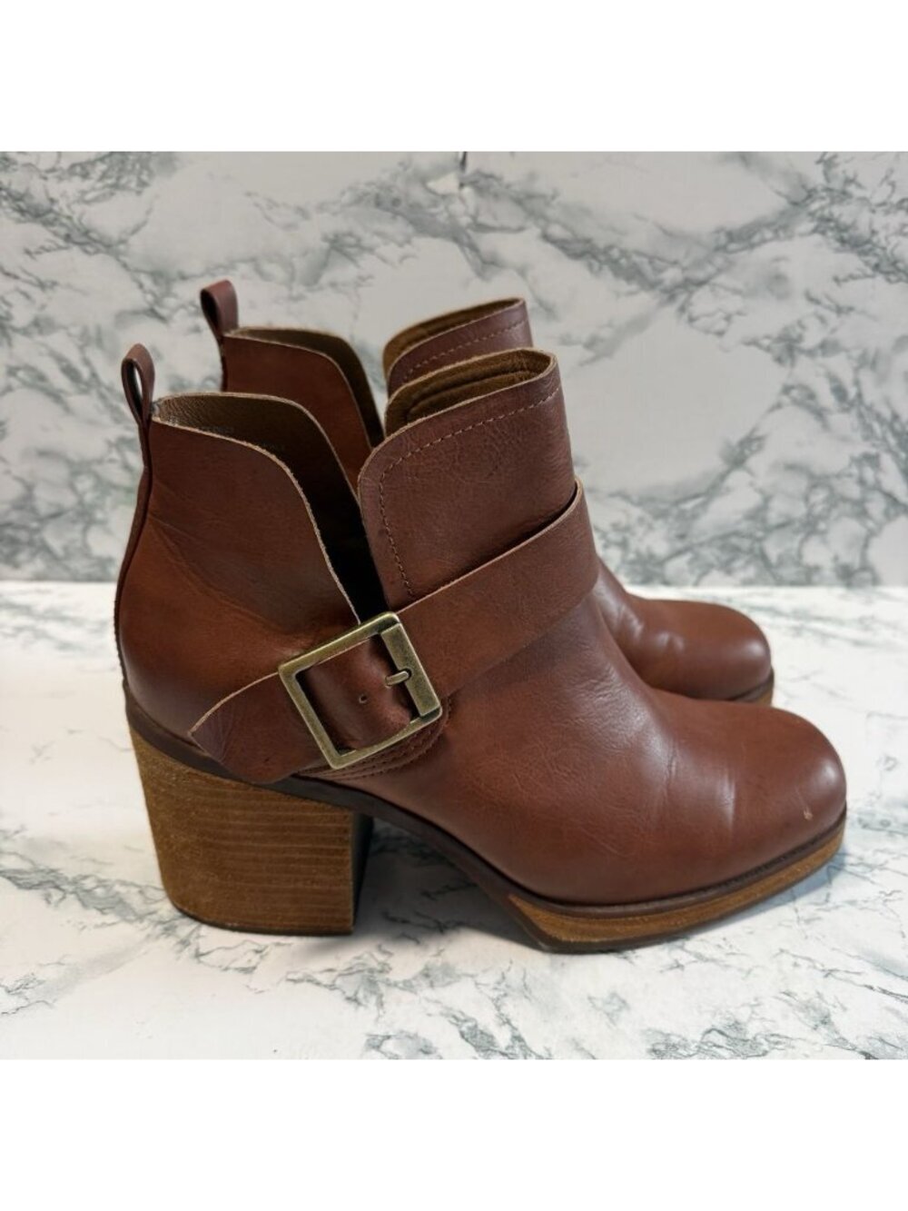 Korks Women 11 Kari Boot Brown Heeled Square Toe Cutaway Bootie Buckle Strap
